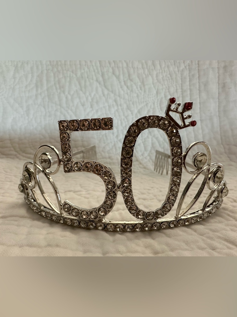 50th Birthday Rhinestone Tiara Silver Crown Headband with Pink Crystal Crown